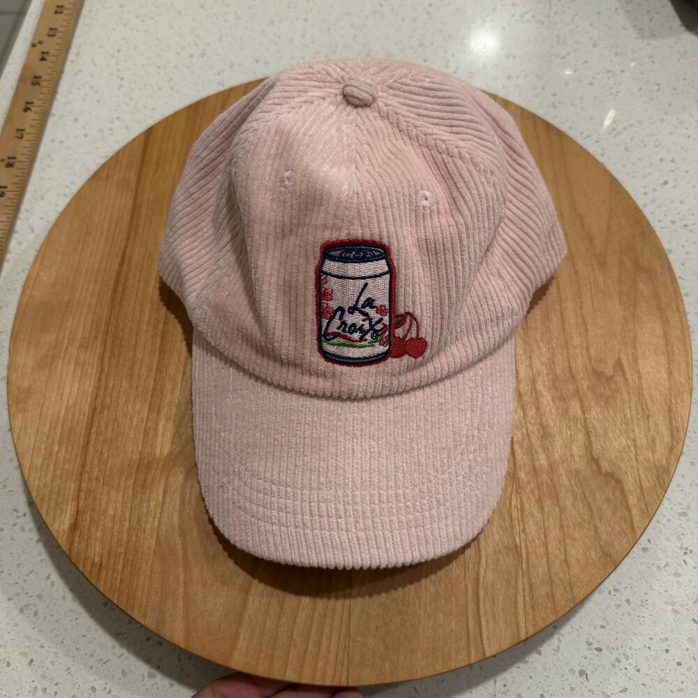 La Croix Hat Cap Strap Back Pink Corduroy Cherry Soda Embroidered One Size